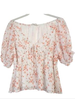 Peach Love California Floral Blouse Size M Boho Cottage Coquette Fairy Top Vneck